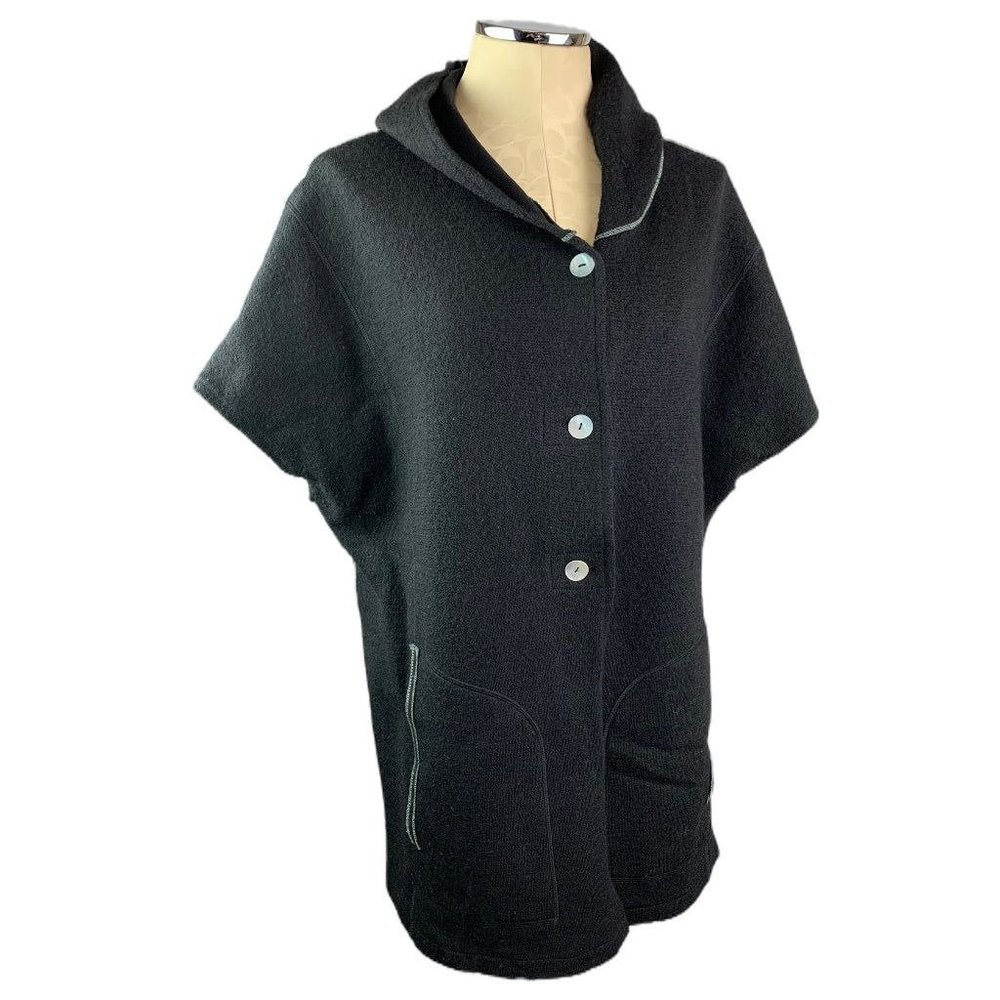 1X Katie Todd‎ Women's Black Hooded Wool Blend Short Sleeve Cardigan
